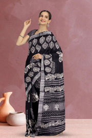 Black Dabu Printed Linen Saree  10071258