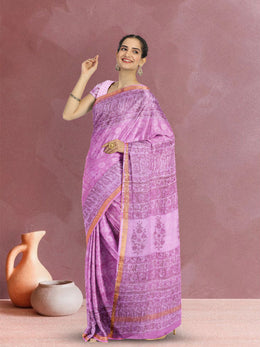 Pink Hand Block Print Kota Cotton Saree 10074165