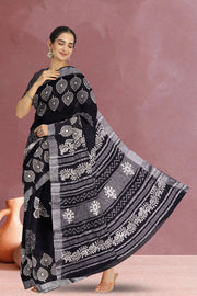 Black Dabu Printed Linen Saree  10071258