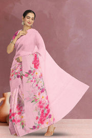 Pink Floral Printed Linen Saree 10074022