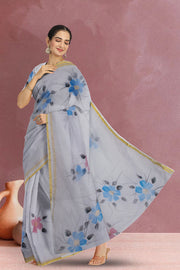 Blue Hand Painted Organza Saree 10065945