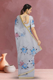 Blue Hand Painted Organza Saree 10065945