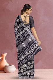 Black Dabu Printed Linen Saree  10071258