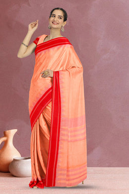 Peach Handwoven Korvai Kanchi Cotton Saree 10068549