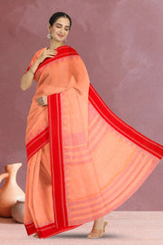 Peach Handwoven Korvai Kanchi Cotton Saree 10068549