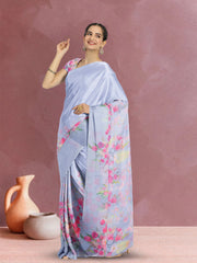 Blue Floral Printed Linen Saree 10074021