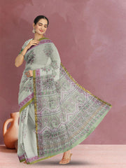 Green Hand Block Print Kota Cotton Saree 10074164