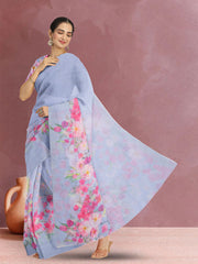 Blue Floral Printed Linen Saree 10074021
