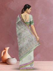 Green Hand Block Print Kota Cotton Saree 10074164