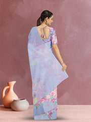 Blue Floral Printed Linen Saree 10074021