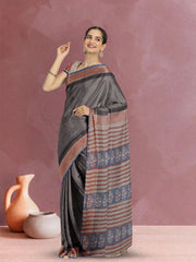 Grey Hand Block Print Kota Cotton Saree 10074163
