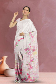 White Floral Printed Linen Saree 10074020