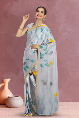 Grey Hand Painted Organza Saree 10065941