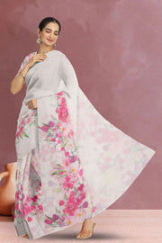 White Floral Printed Linen Saree 10074020
