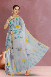 Grey Hand Painted Organza Saree 10065941