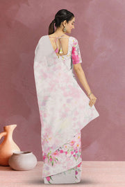 White Floral Printed Linen Saree 10074020