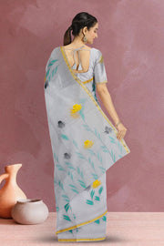 Grey Hand Painted Organza Saree 10065941
