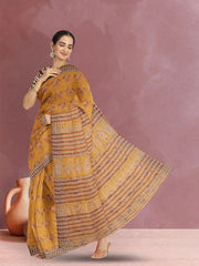 Yellow Hand Block Print Kota Cotton Saree 10074162