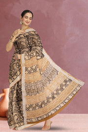 Black Hand Block Printed linen saree 10070891