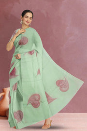 Green Hand Painted Organza Saree 10065936