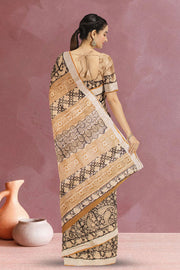 Black Hand Block Printed linen saree 10070891