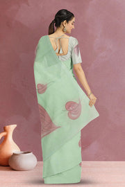 Green Hand Painted Organza Saree 10065936