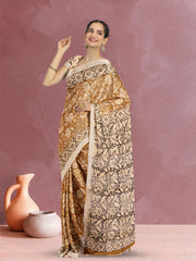 Yellow Hand Block Printed linen saree 10070890