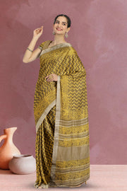 Brown Hand Block Printed Linen Saree 10067372