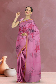 Pink Hand Painted Organza Saree 10065934