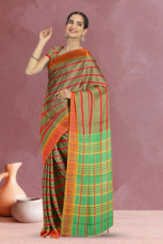 Brown Handloom Chettinad Cotton Saree Without Blouse 10065673