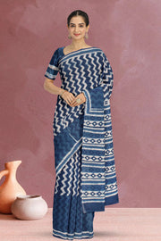 Indigo Blue Bagru Printed Cotton Saree 10019668