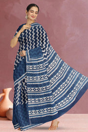 Indigo Blue Bagru Printed Cotton Saree 10019668