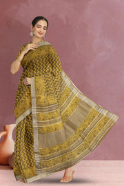 Brown Hand Block Printed Linen Saree 10067372