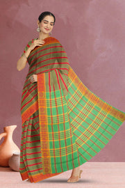 Brown Handloom Chettinad Cotton Saree Without Blouse 10065673