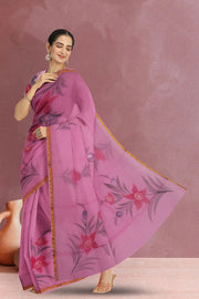 Pink Hand Painted Organza Saree 10065934