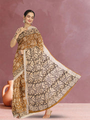 Yellow Hand Block Printed linen saree 10070890