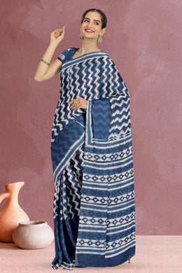 Indigo Blue Bagru Printed Cotton Saree 10019668