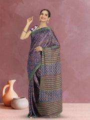 Blue Hand Block Print Kota Cotton Saree 10074160