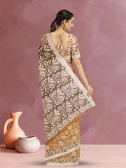 Yellow Hand Block Printed linen saree 10070890