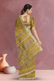 Brown Hand Block Printed Linen Saree 10067372