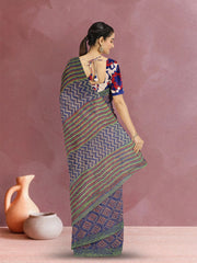 Blue Hand Block Print Kota Cotton Saree 10074160