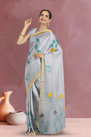 Grey Hand Painted Organza Saree 10065930