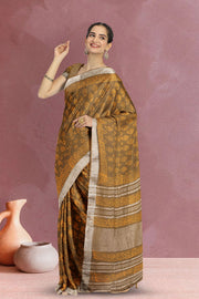 Brown Hand Block Printed Linen Saree 10067369