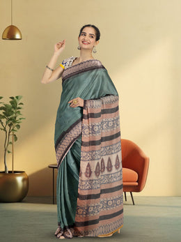 Green Hand Block Print Kota Cotton Saree 10074159