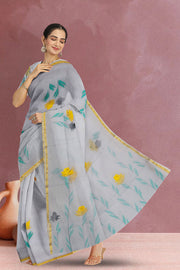 Grey Hand Painted Organza Saree 10065930
