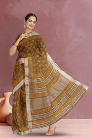 Brown Hand Block Printed Linen Saree 10067369