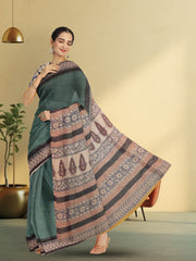 Green Hand Block Print Kota Cotton Saree 10074159