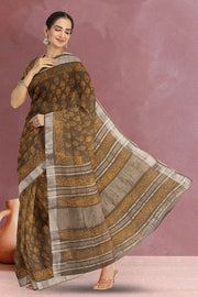 Dark Brown Hand Block Printed Linen Saree 10067365