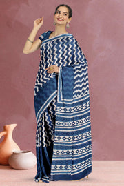 Indigo Blue Bagru Printed Cotton Saree 10019667