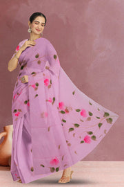 Pink Hand Painted Organza Saree 10065928